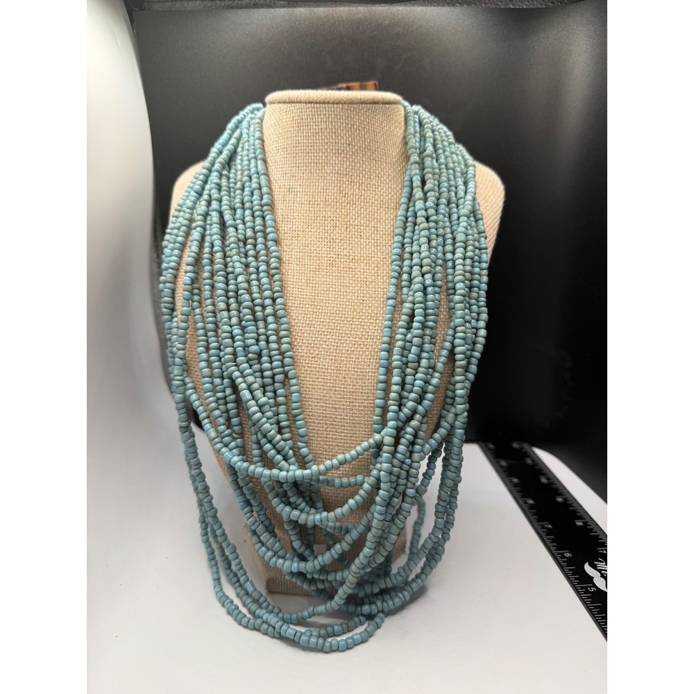 Vintage Multi Strand Seed Bead Necklace Blue Boho Statement Wood Toggle Clasp